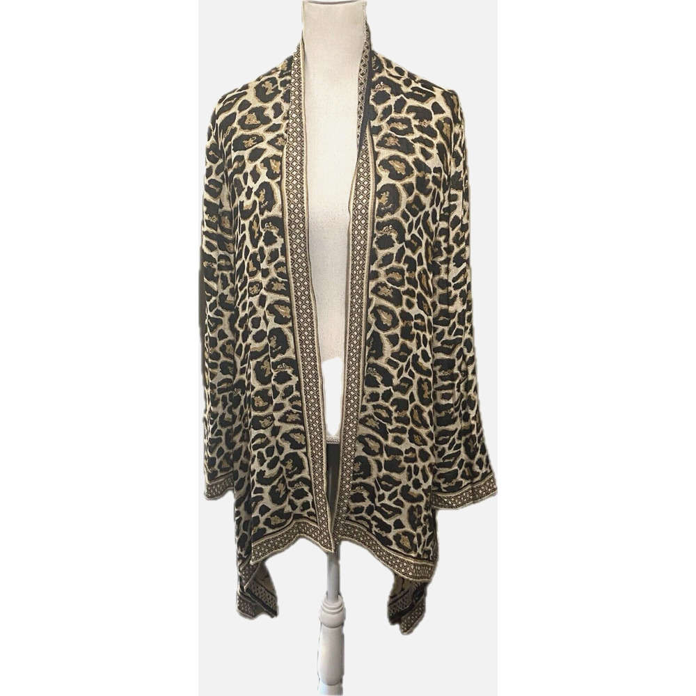 Chicos Cardigan Sweater Duster Womens Sz 3 US XL Brown Leopard Handkerchief Hem